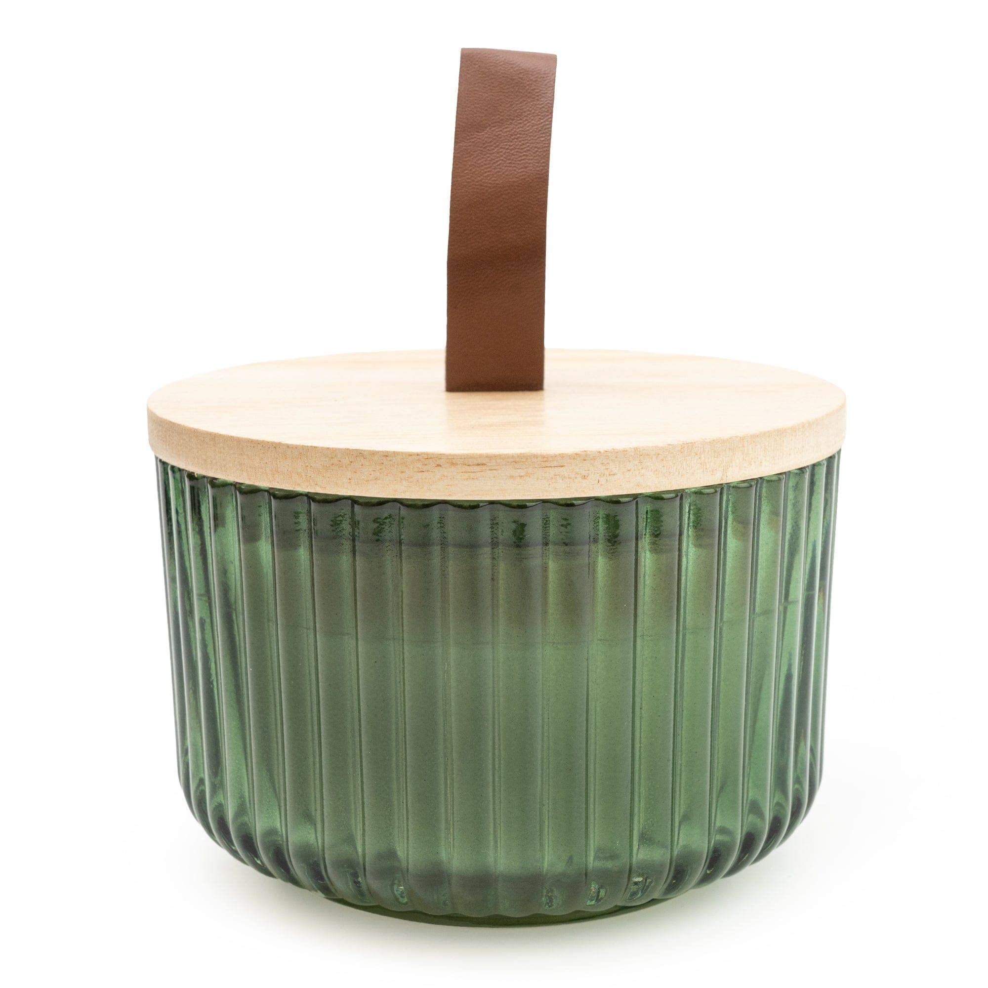 Ridged Glass Jar with Wooden Lid - Olive Green Sicilian Basil & Wild Lemon Scent - Image 3