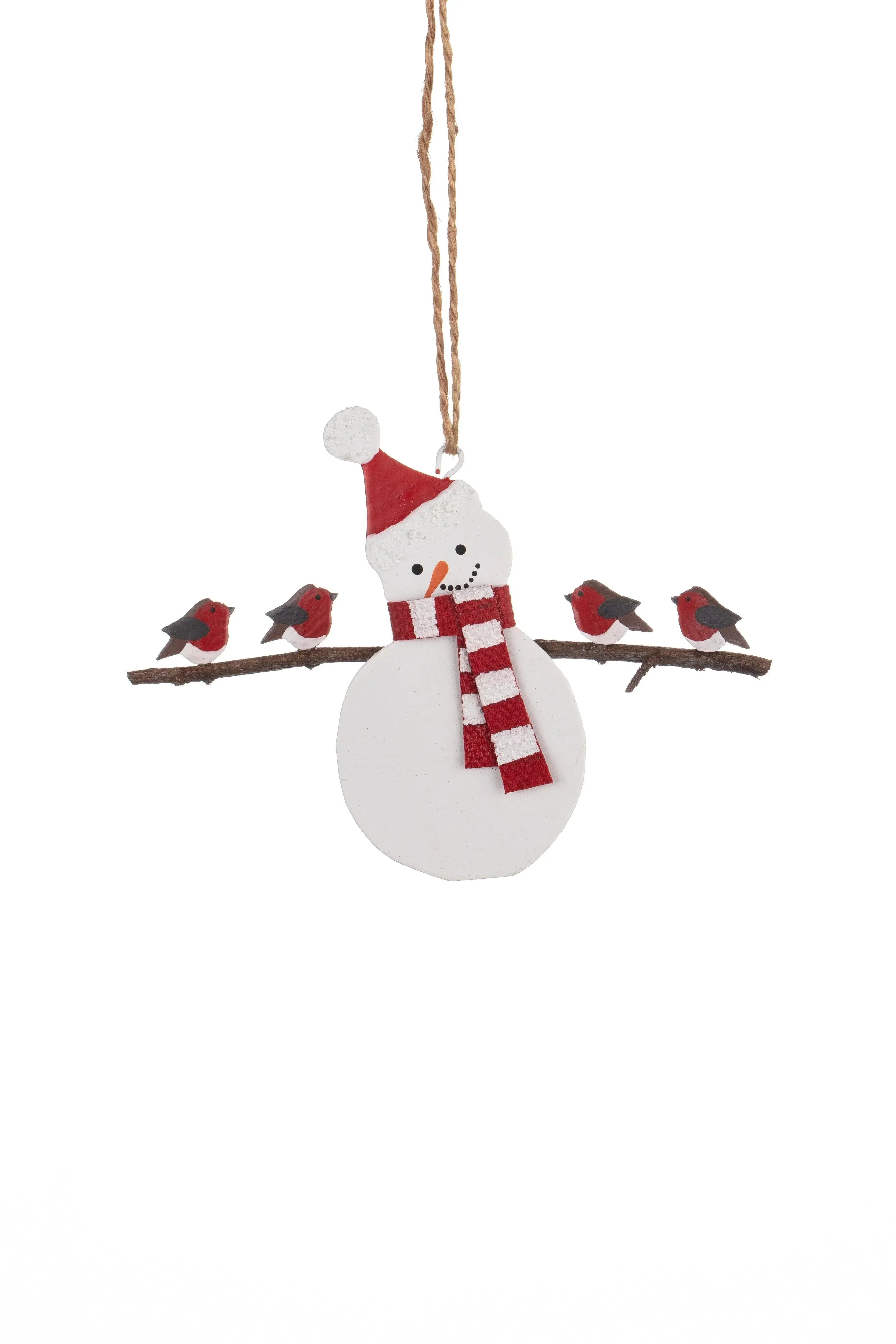 Shoeless Joe Snowman Holding Robin Hanger Christmas Tree Decoration