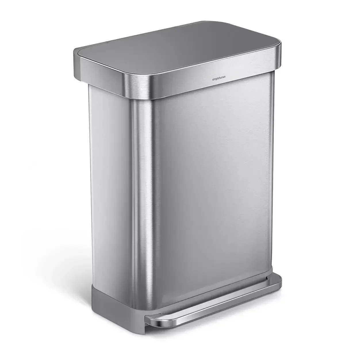 Simplehuman Rectangular Step Can Bin in Brushed Stainless Steel with Grey Plastic Lid (55L)