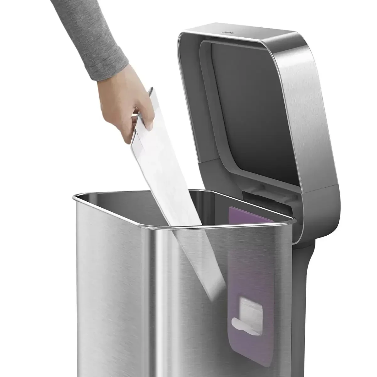 Simplehuman Rectangular Step Can Bin in Brushed Stainless Steel with Grey Plastic Lid (55L) - Image 3