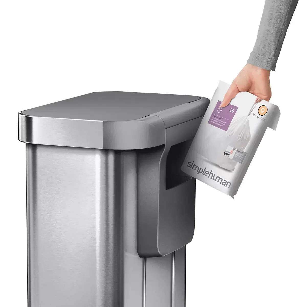 Simplehuman Rectangular Step Can Bin in Brushed Stainless Steel with Grey Plastic Lid (55L) - Image 5