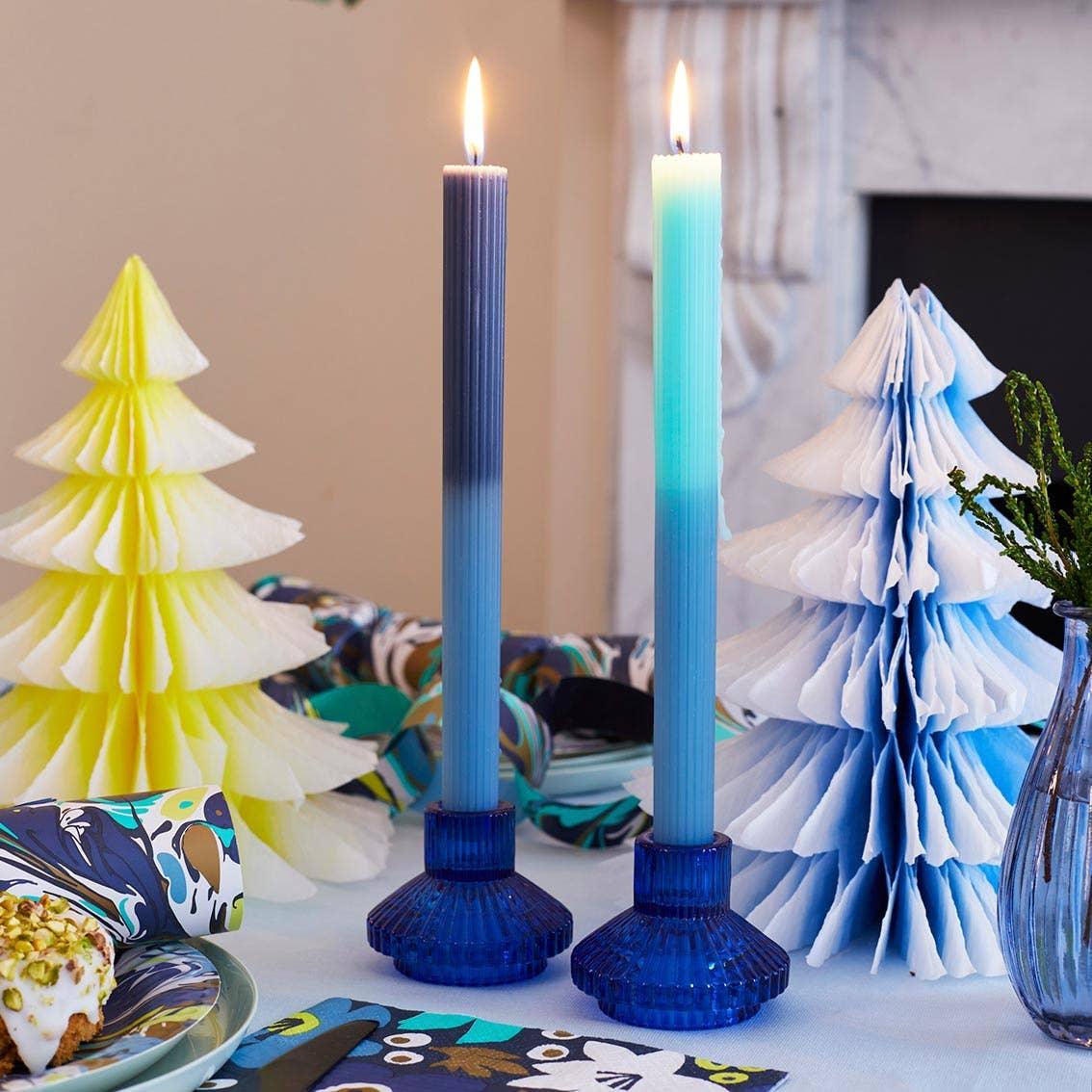 Midnight Forest Small Ribbed Glass Candle Holders - Cobalt Blue - Image 2