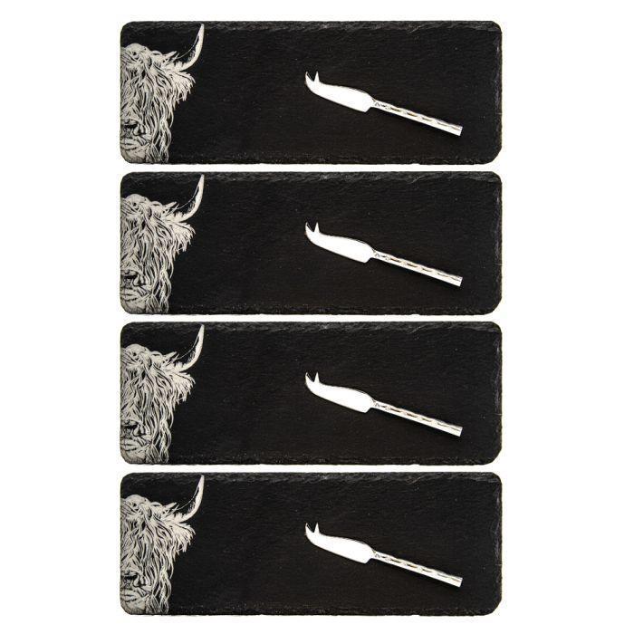 The Just Slate Company 4 Mini Slate Cheese Board & Knife Sets - Highland Cow - Image 3