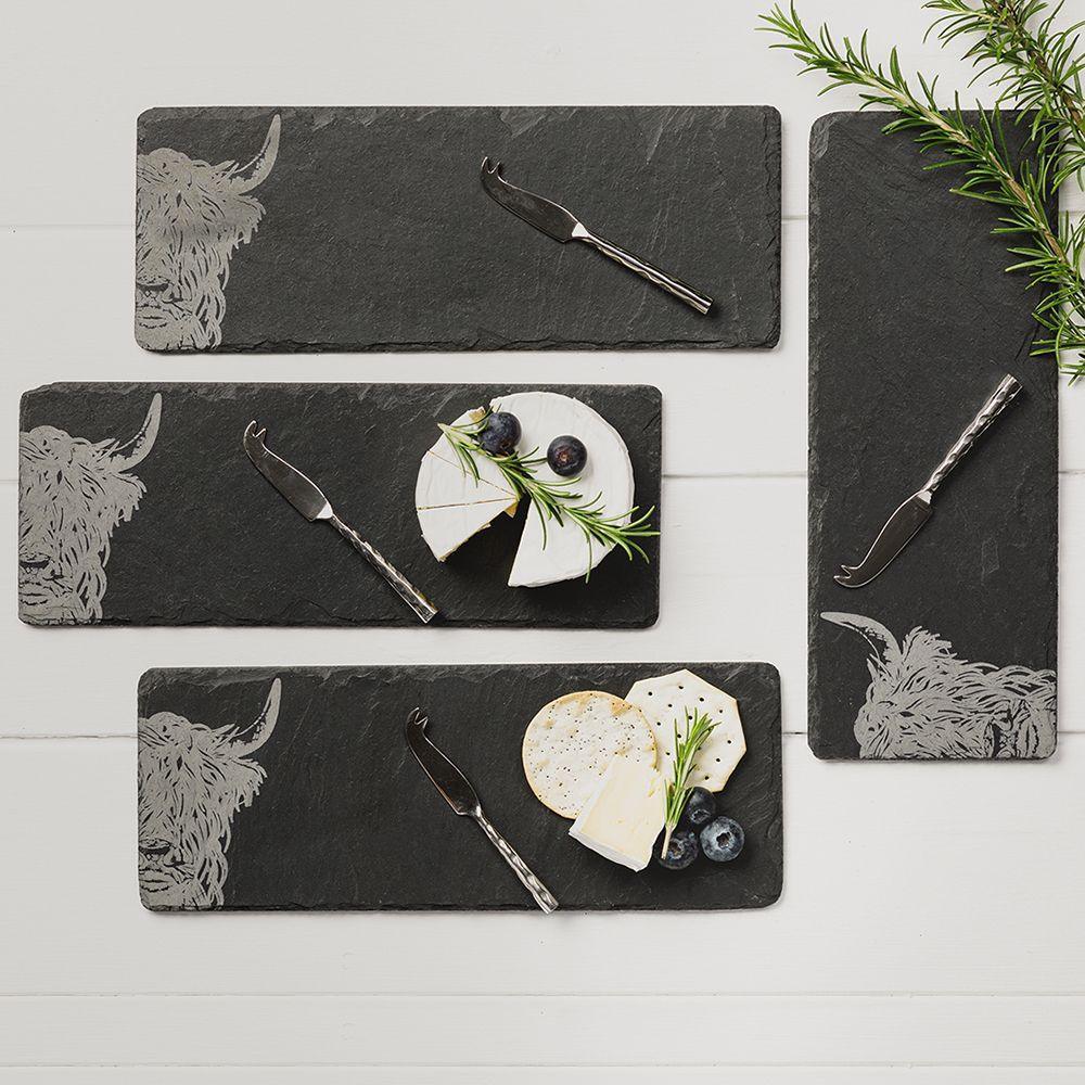 The Just Slate Company 4 Mini Slate Cheese Board & Knife Sets - Highland Cow - Image 4