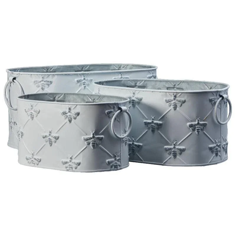 The Satchville Gift Co. - Set of Three White Oval Zinc Bee Planters