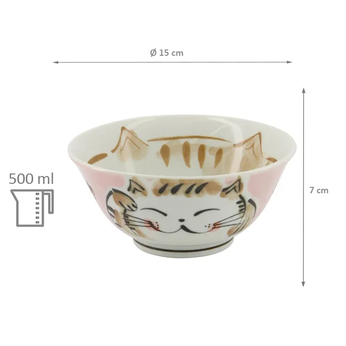 Tokyo Design Studio - Kawaii Tayo Bowl Fuku Cat Neko Pink (500ml) - Image 4