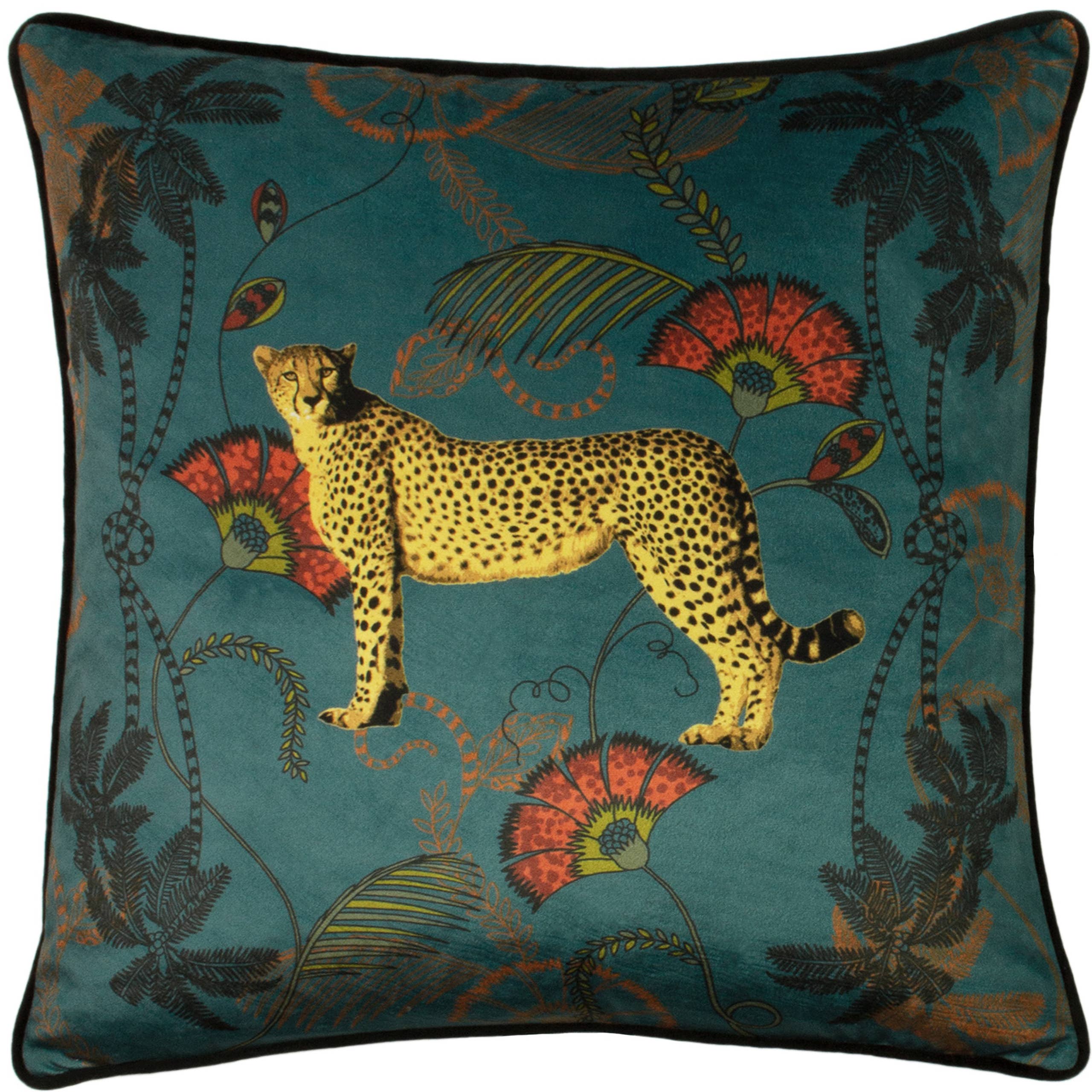 Tropica Cheetah Cushion Teal Feather Filled (45 x 45cm)